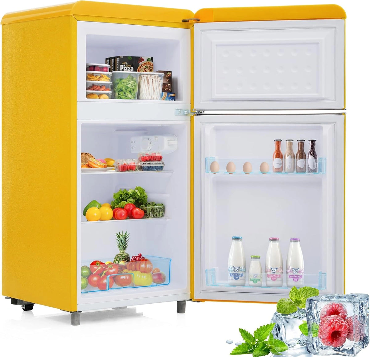 Minibar Frigor¨ªfico Doble Puerta 72L No Frost, Luz LED, Ahorro Energ¨¦tico, Estantes Ajustables, 50x51x95,8cm, Amarillo