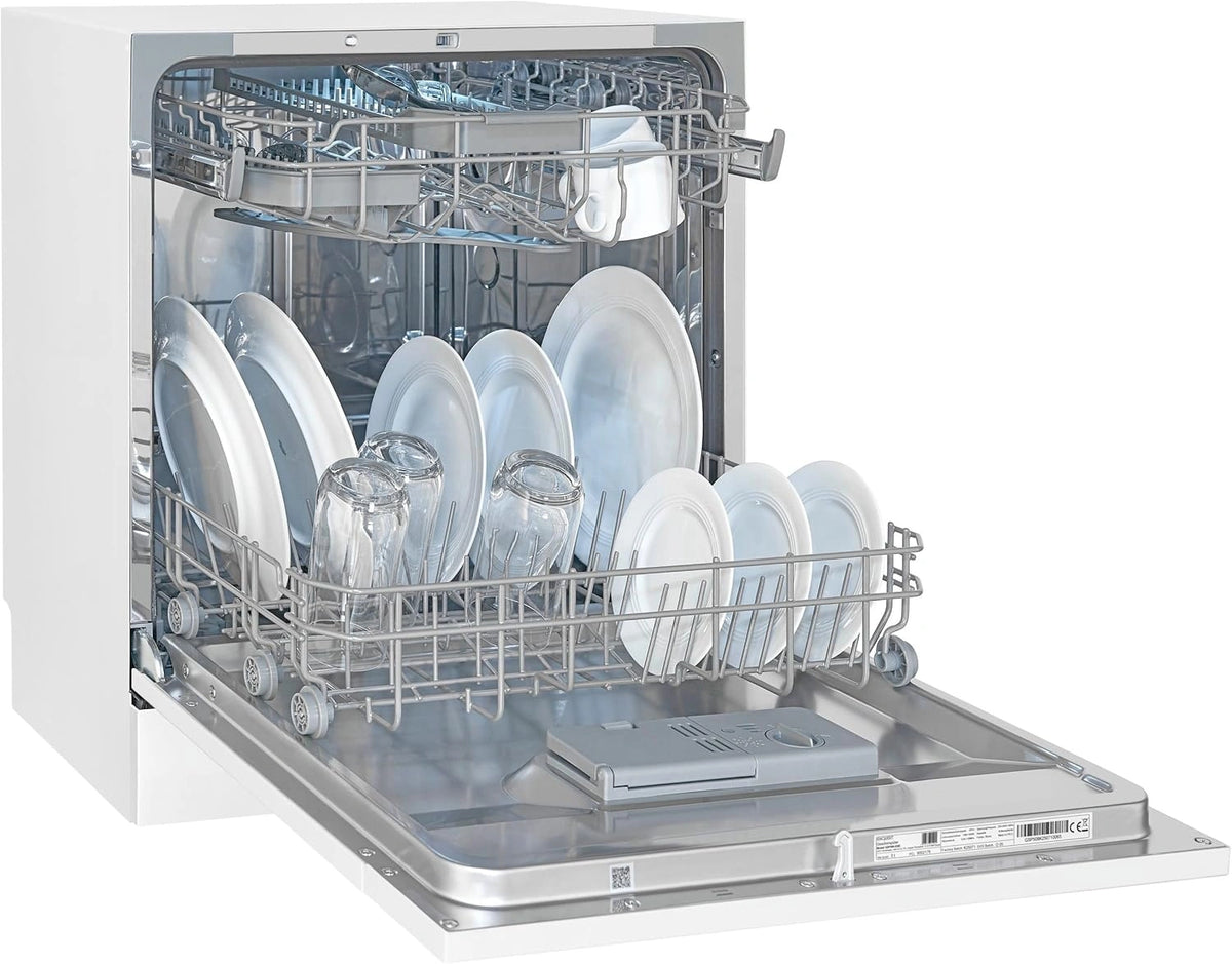 Lavavajillas Compacto Exquisit 55cm Blanco, 8 Servicios, Clase D, Apertura Autom¨¢tica y Funci¨®n de Secado Extra