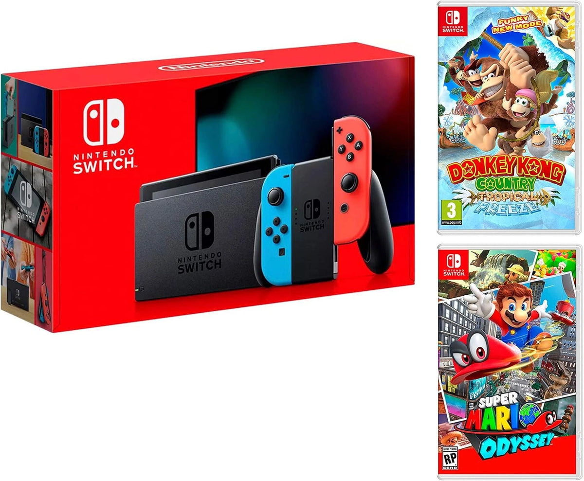 Consola Nintendo Switch 32GB Rojo/Azul con Super Mario Odyssey y Donkey Kong: Tropical Freeze
