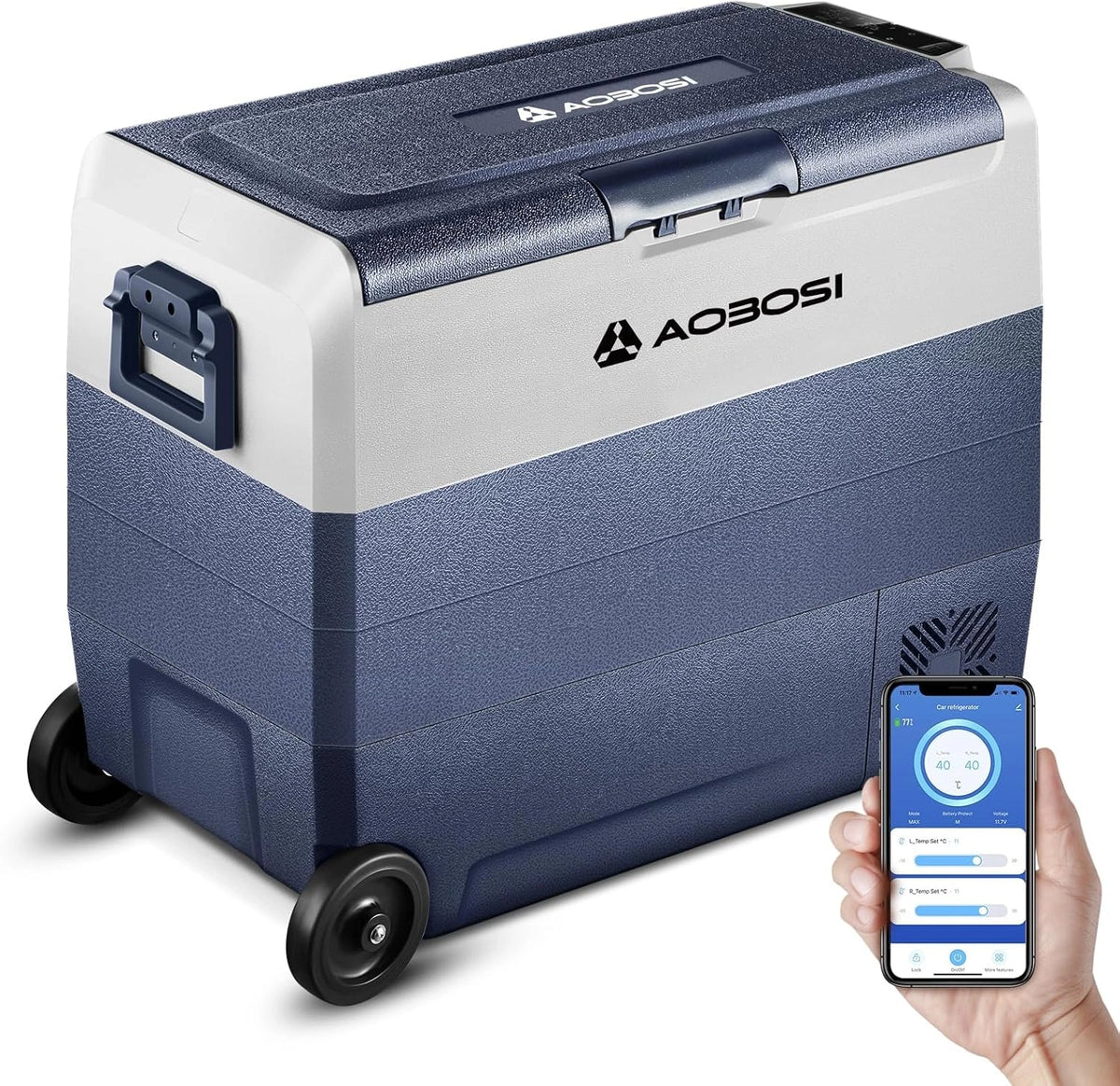 AAOBOSI Nevera Port¨¢til 60L con Ruedas y APP, Doble Zona, 20¡ãC a -20¡ãC, USB, 12/24V DC, 100-240V AC, para Camping y Viajes