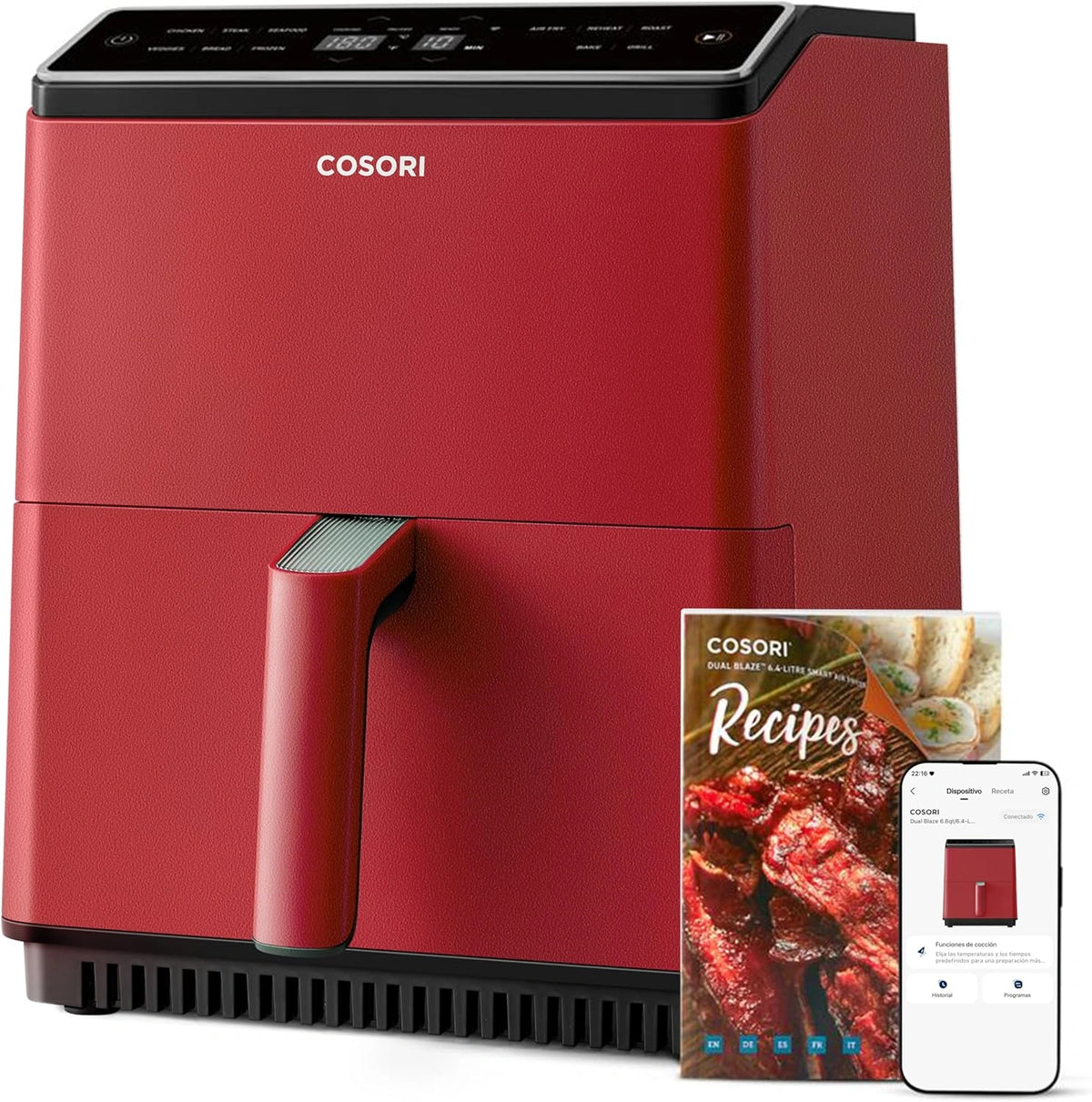 Freidora de Aire Cosori Dual Blaze 6,4L WiFi, 11 Funciones, Control de Temperatura y Tiempo, M¨¢s de 90 Recetas en Espa?ol, Compatible con Lavavajillas, Color Rojo